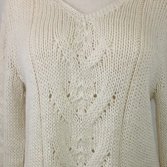 J. Jill SZ L Wool Alpaca Blend V Neck Cable Knit Tunic Length Fisherman Sweater - Picture 3 of 8